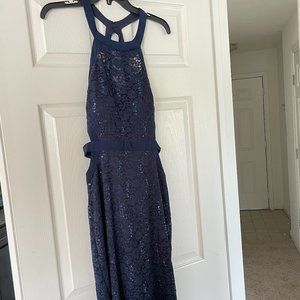 Morgan & Co Navy Blue Sequins Sparkly Formal Knee-Length Cut-Out Halter Dress